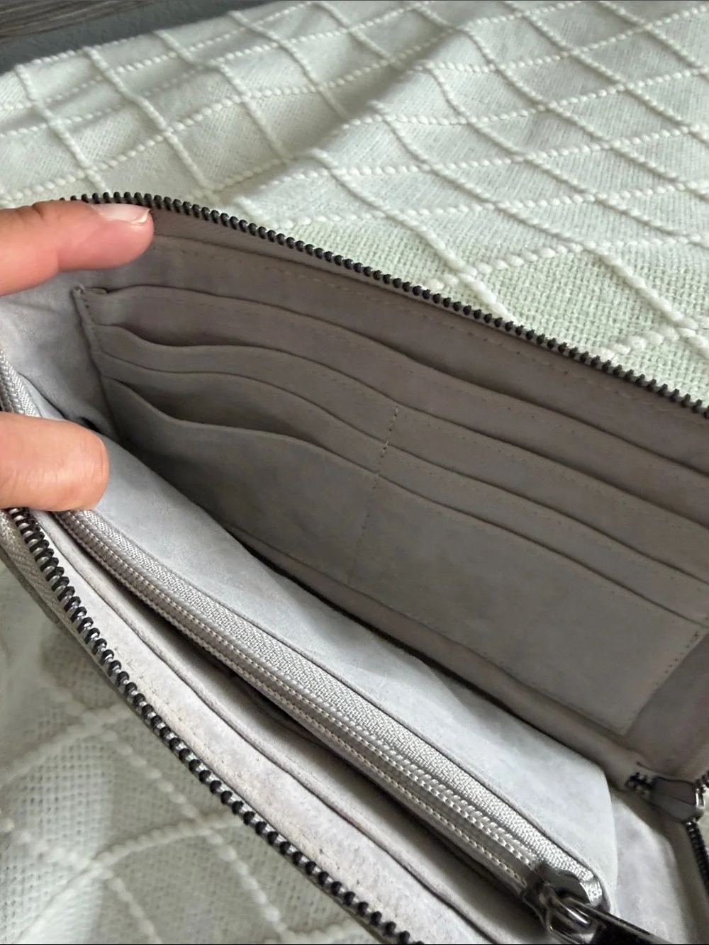 Gray Chain-Trim Wristlet Clutch with Removable Strap
